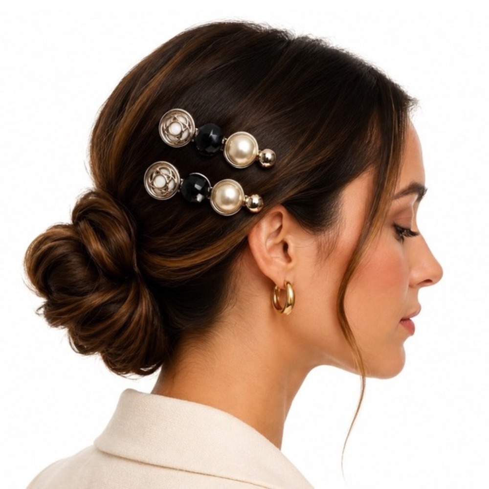 Set of Vintage Style Gold Tone Alligator Hair Clips Faux Pearl Black Crystal J-0